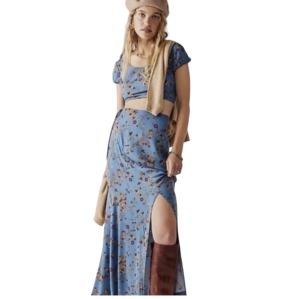 Free People‎ Talia Blue Floral Maxi Skirt M Side Slit